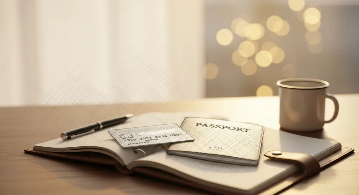 Carte bancaire et passeport posés sur un carnet de voyage