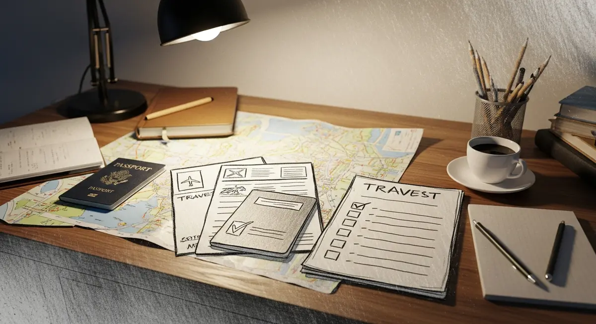 Bureau couvert de papiers, passeport et carnet de voyage en plein remplissage