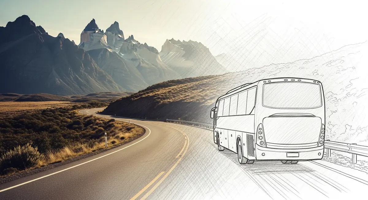 Bus longue distance sur une route panoramique d'Amérique du Sud